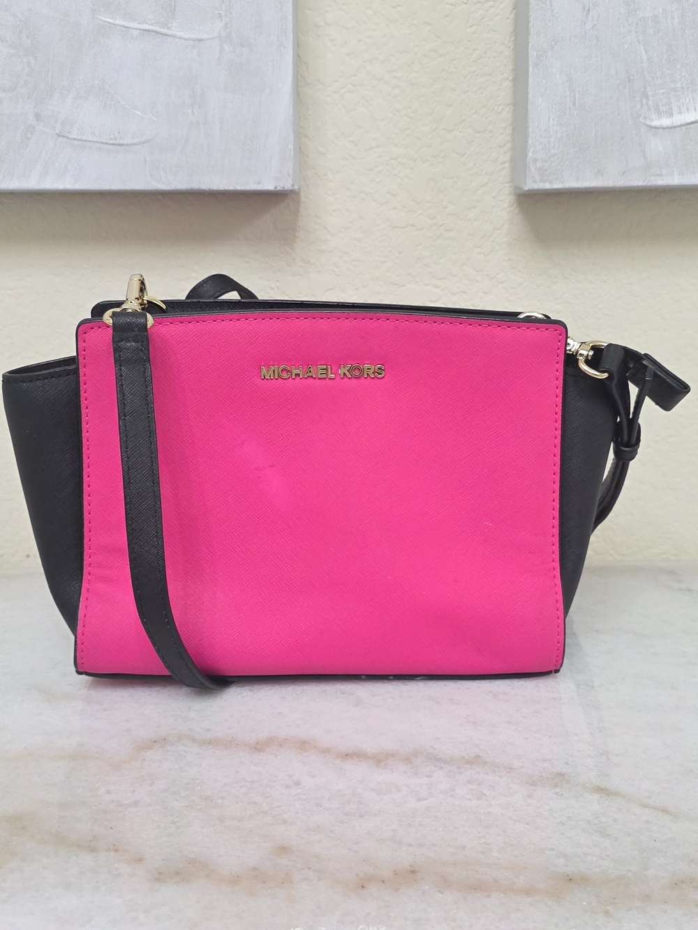 Michael Kors Selma Medium Messenger Crossbody Pink Black Colorblock